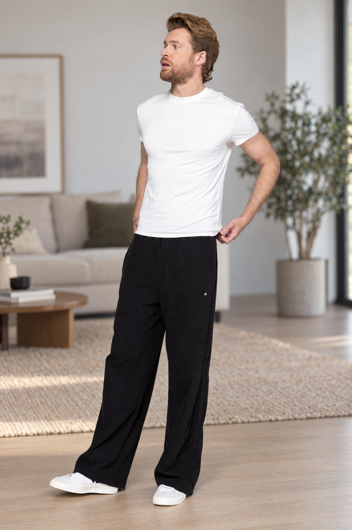 Model wearing Allwear Organic Trousers